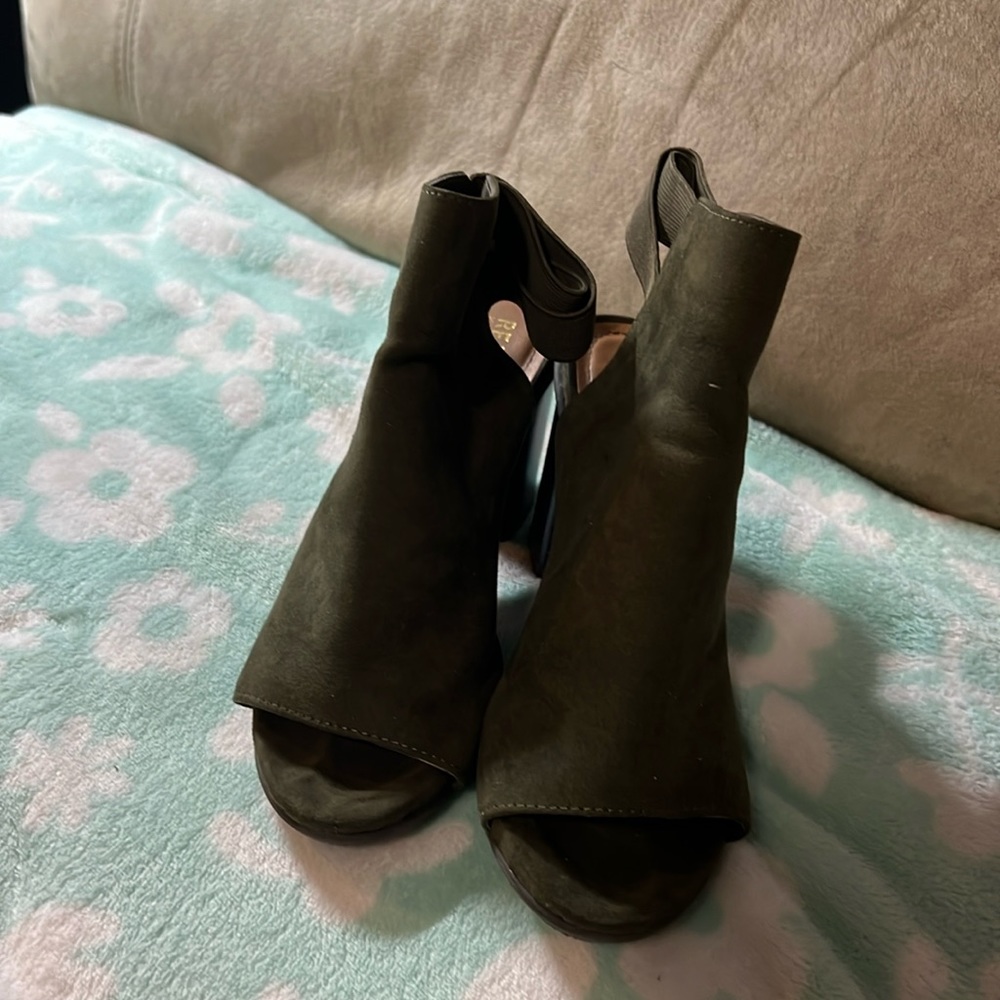 Green suede open toe heels